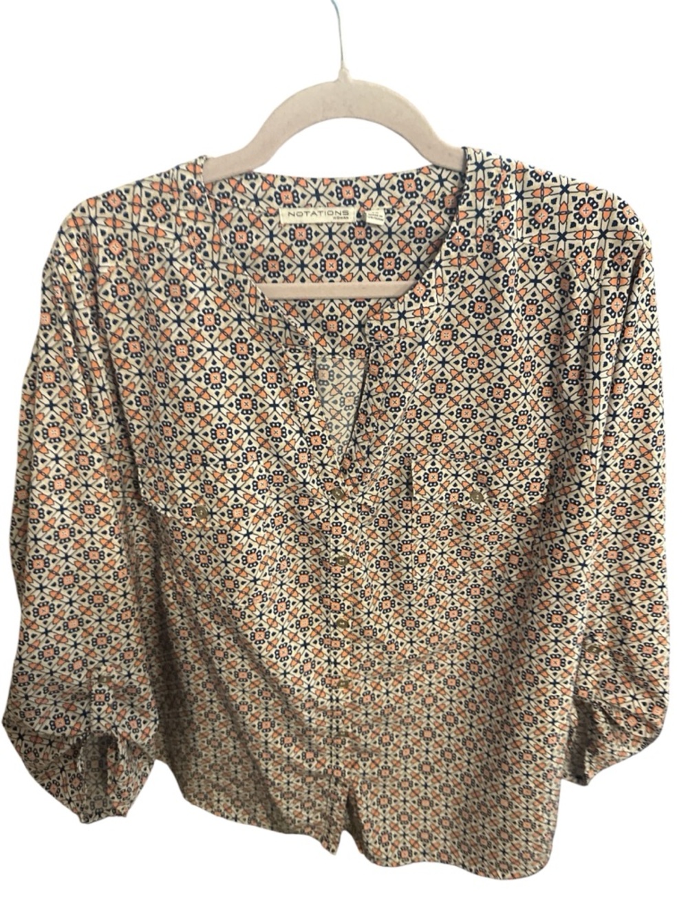 NWOT Notations Cream blue Geometric Print Tunic Blouse quarter sleeve button 2x